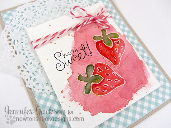Watercolor strawberry card by Jennifer Jackson |  Sweet Summer Stamp set by Newton's Nook Designs
