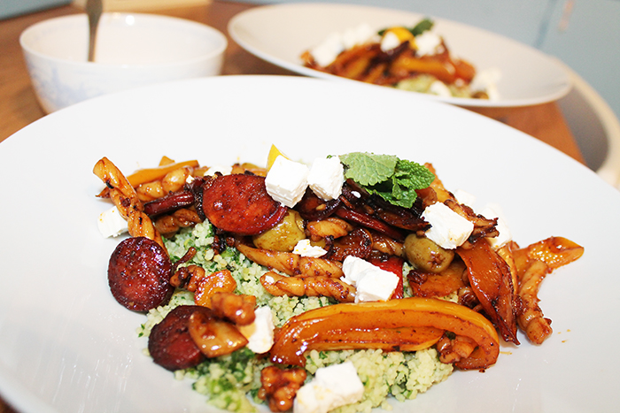 Squid & Chorizo with greek style couscous