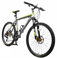 Merax Finiss Mountain Bike, Fashion Gray/Green, 21 speeds, disc brakes, aluminum frame