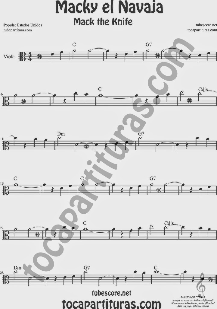  Macky el Navaja Partitura de Viola Sheet Music for Viola Music Score Mack the Knife 8º alta