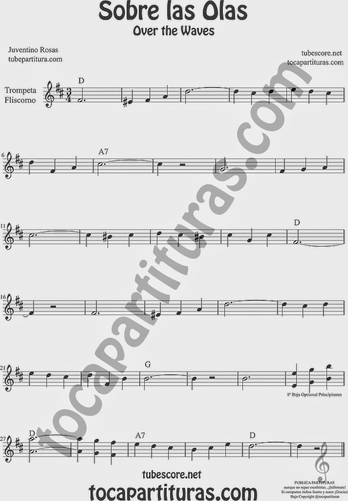  Sobre las Olas Partitura de Trompeta y Fliscorno Sheet Music for Trumpet and Flugelhorn Music Scores Juventino Rosas Over the Waves