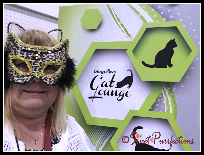 Mom Paula wearing a cat mask in front of the Cat Lounge sign