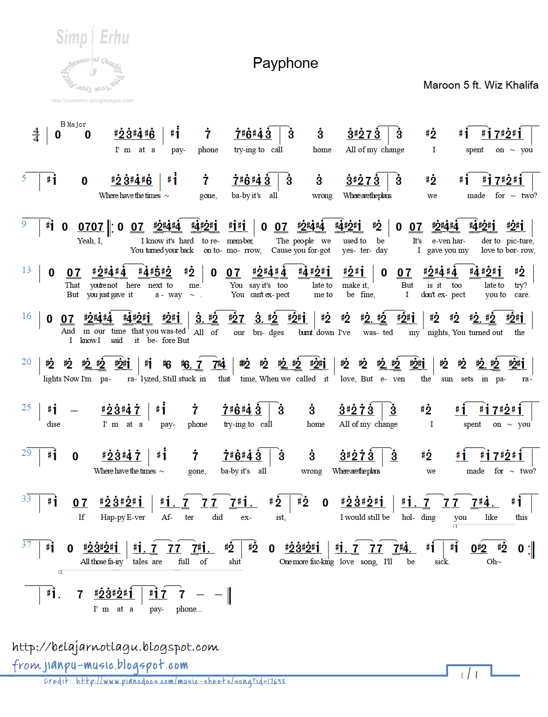 Not Angka Lagu PayphoneMaroon5 Ft WizKhalifa belajar