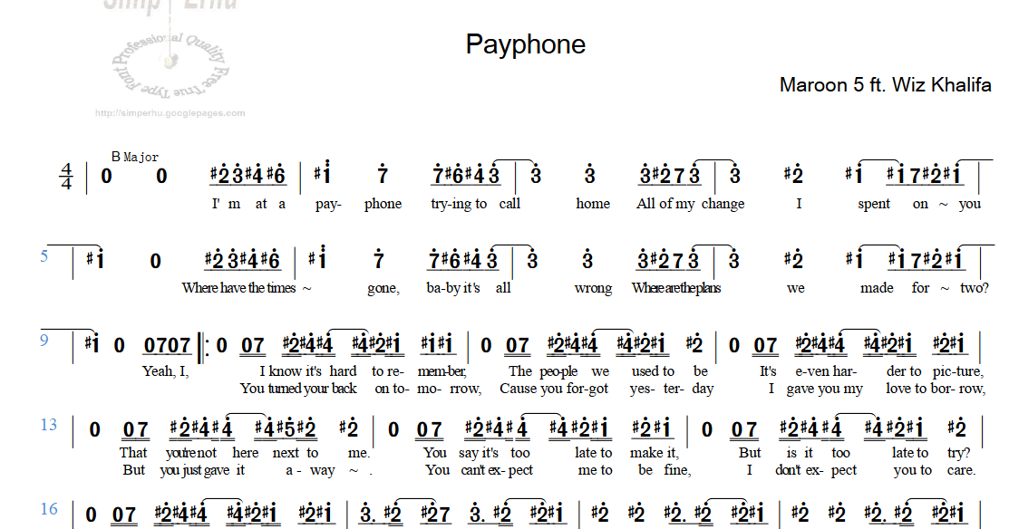 Not Angka Lagu Maroon 5 Payphone Koleksi Not Angka