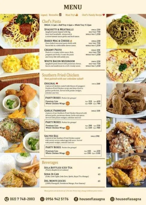 House of Lasagna's menu of rice and fried chicken meals and chef's pasta