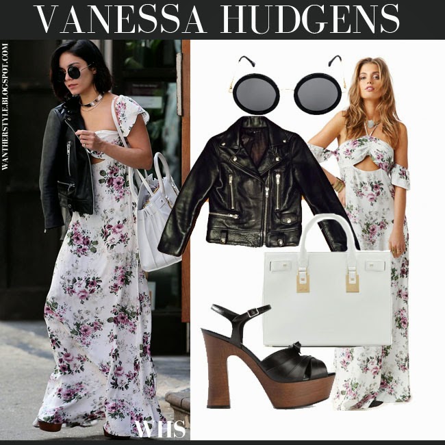 Vanessa Hudgens in white floral maxi dress with leather jacket and ...