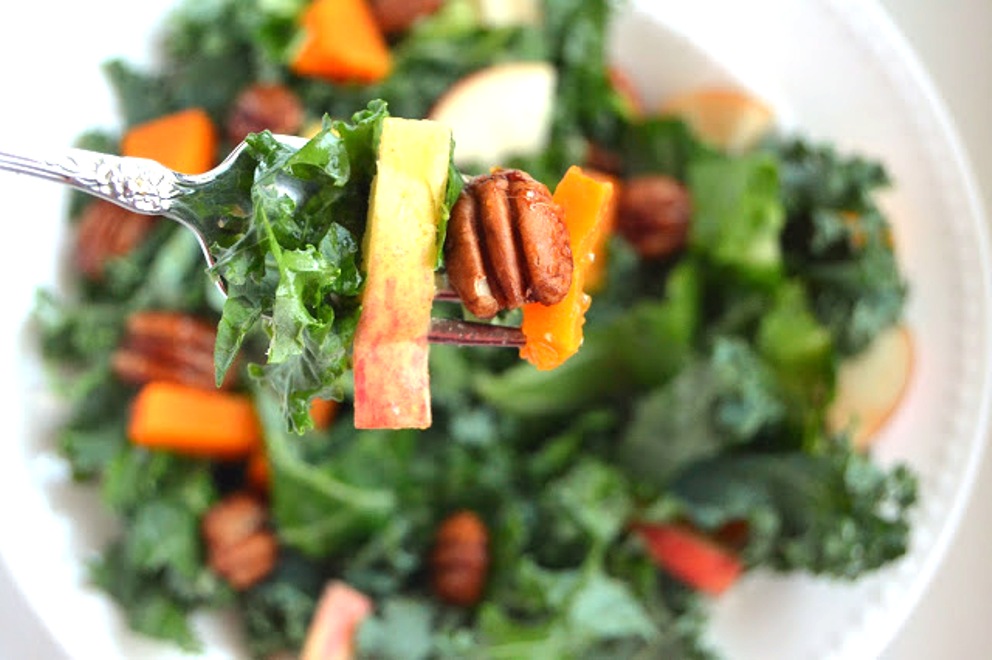 Kale Salad with Spicy Pecans, Apples and Butternut Squash The