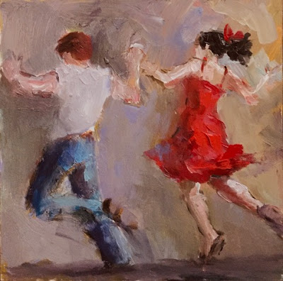 Friday Jive lively young man and woman dancing jive holding hands facing away
