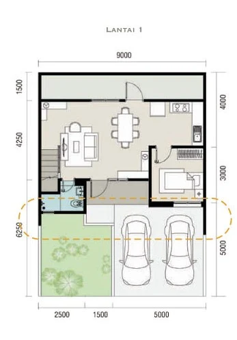 Denah rumah minimalis ukuran 9x12 meter 3 kamar tidur 2 lantai