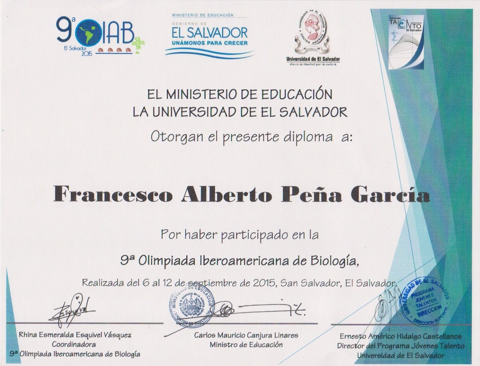 IX OLIMPIADA IBEROAMERICANA DE BIOLOGÍA OIAB EL SALVADOR 2015.