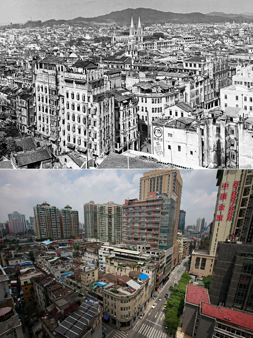 Guangzhou city centre in 1949 and 2015