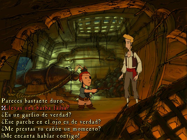 Wally apunta a Guybrush con una pistola.