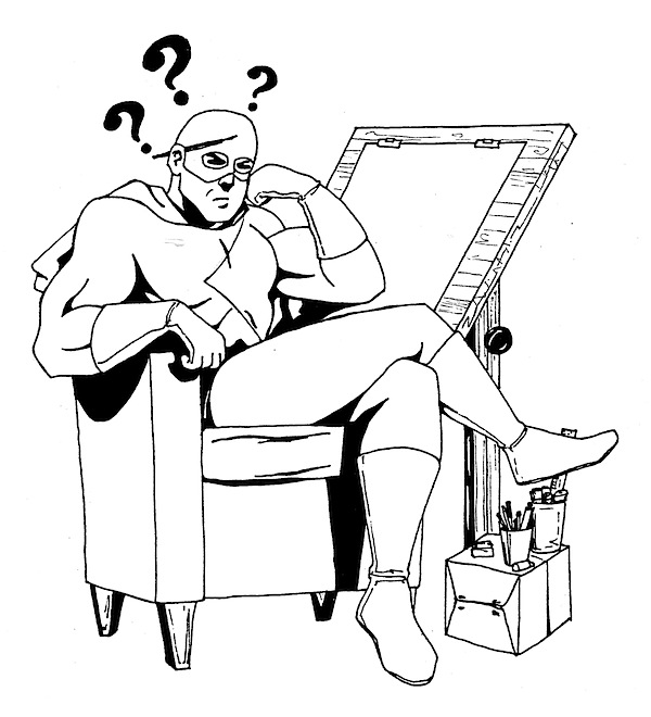Man in mask, cape, and bodysuit sitting pensively by a drawing board with large question marks above him