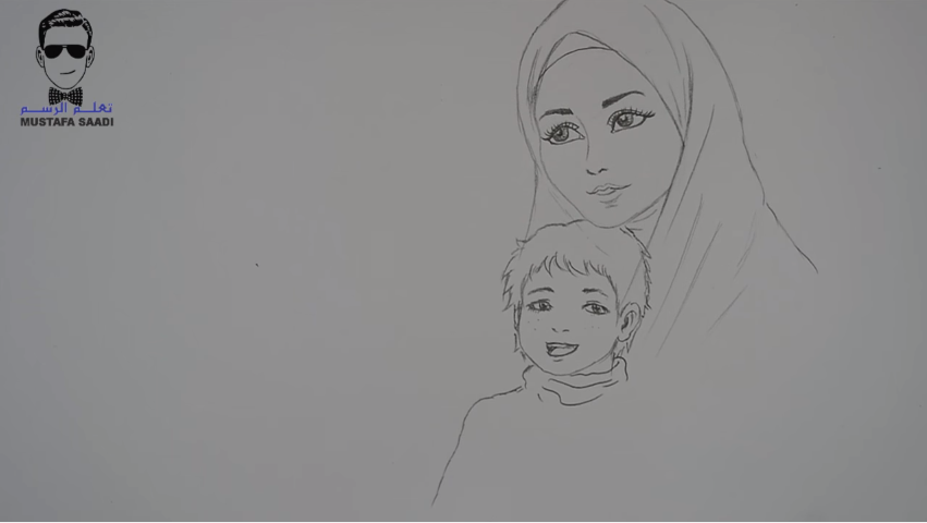 تعليم رسم امرأة محجبة مع طفلها للمبتدئين هدية عيد الام تعلم الرسم