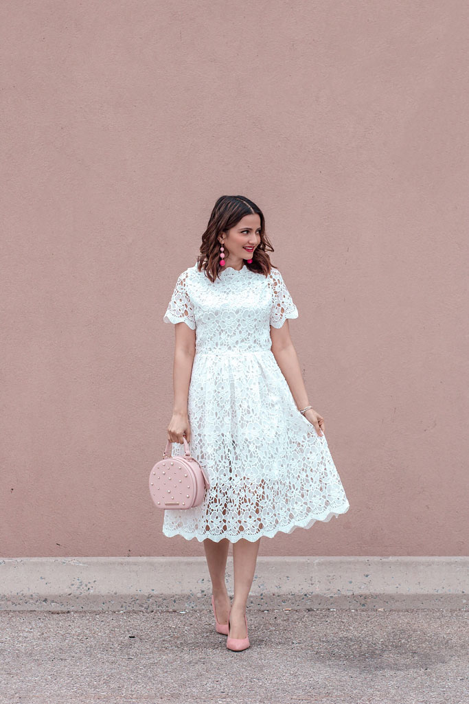 Summer 2018 Cute Summer Dress Chicwish White Lace Dress Poppy and Peonies Blush Darling Bag Blogger Outfit