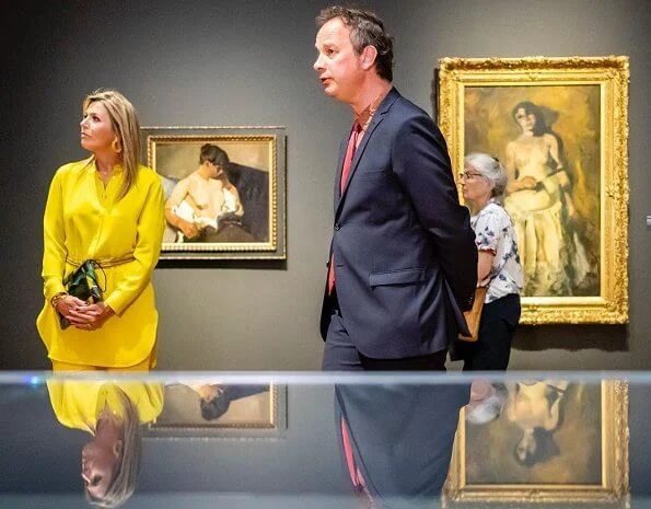 Queen Maxima wore Max Mara yellow blouse and trousers, Giuseppe Zanotti flat ballerinas. Sophie Habsburg Moneypenny watersnake clutch