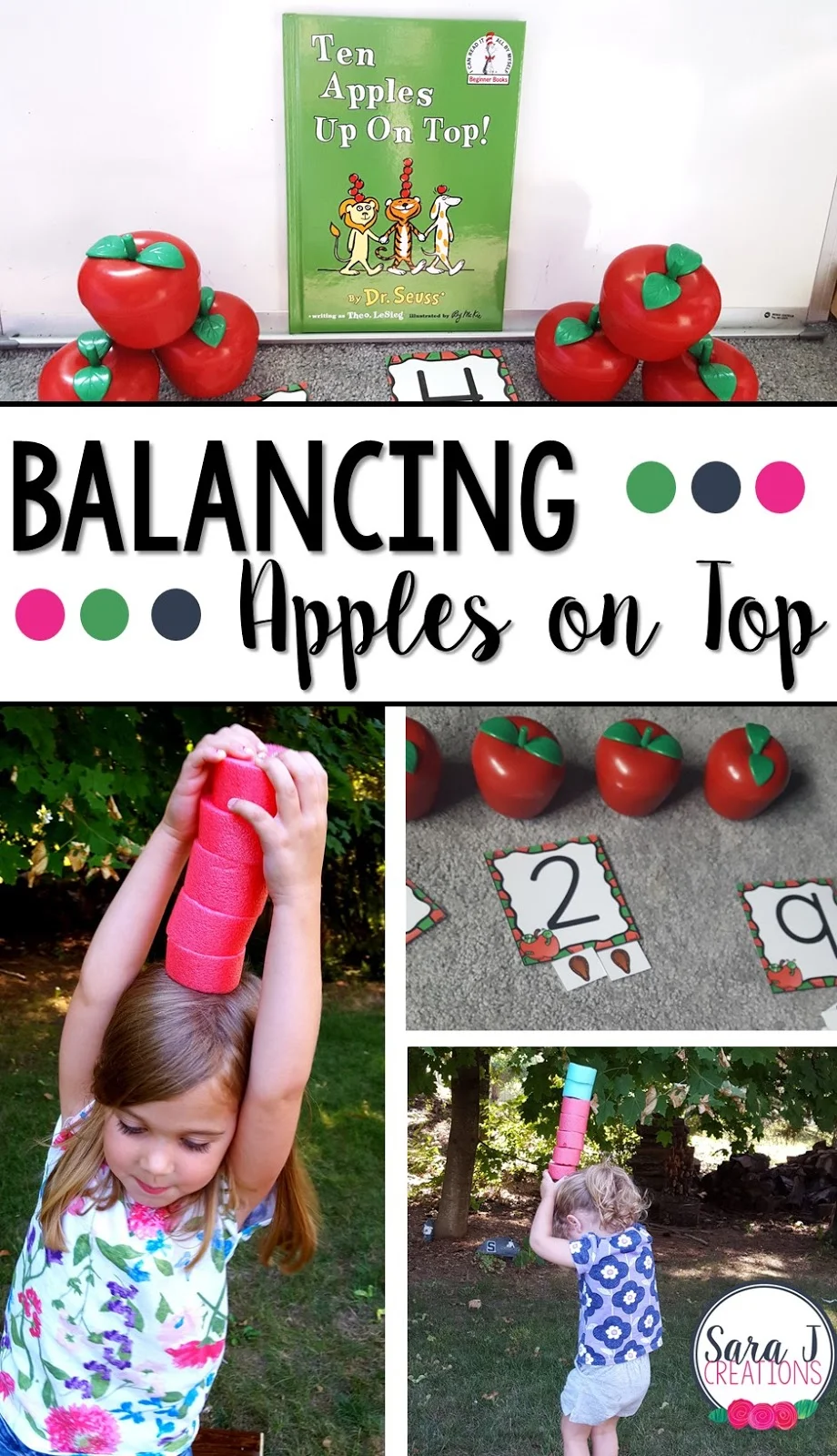 A cute way to tie in Ten Apples Up on Top with some gross motor and balance practice for toddlers!  Balancing apples plus a free appleseed counting activity is perfect for young kids to try in the fall.