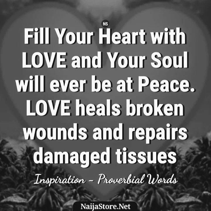 Quotes: Fill Your Heart with LOVE and Your Soul will ever be at Peace. LOVE heals broken wounds and repairs damaged tissues - Inspiration - Proverbial Words