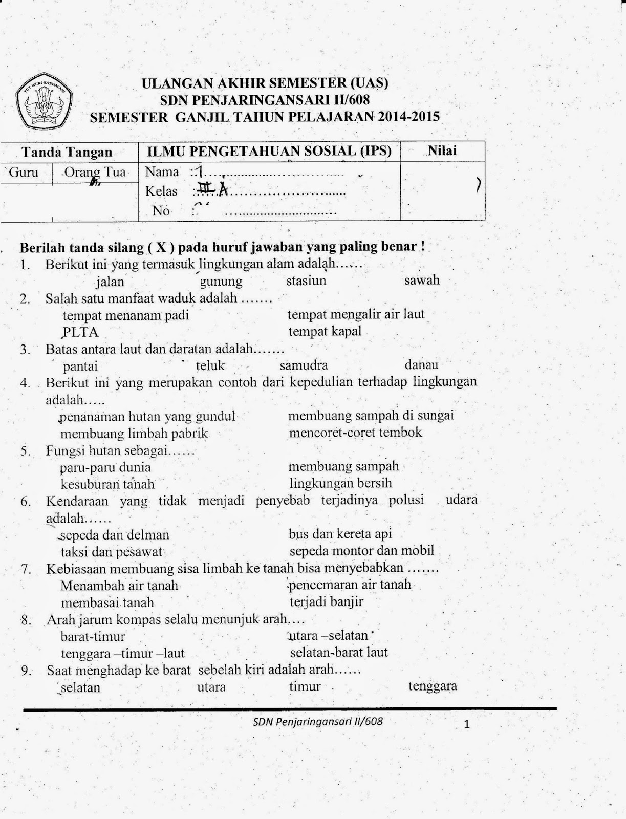 Soal Uas Sd Kelas 1 Ips Semester 1