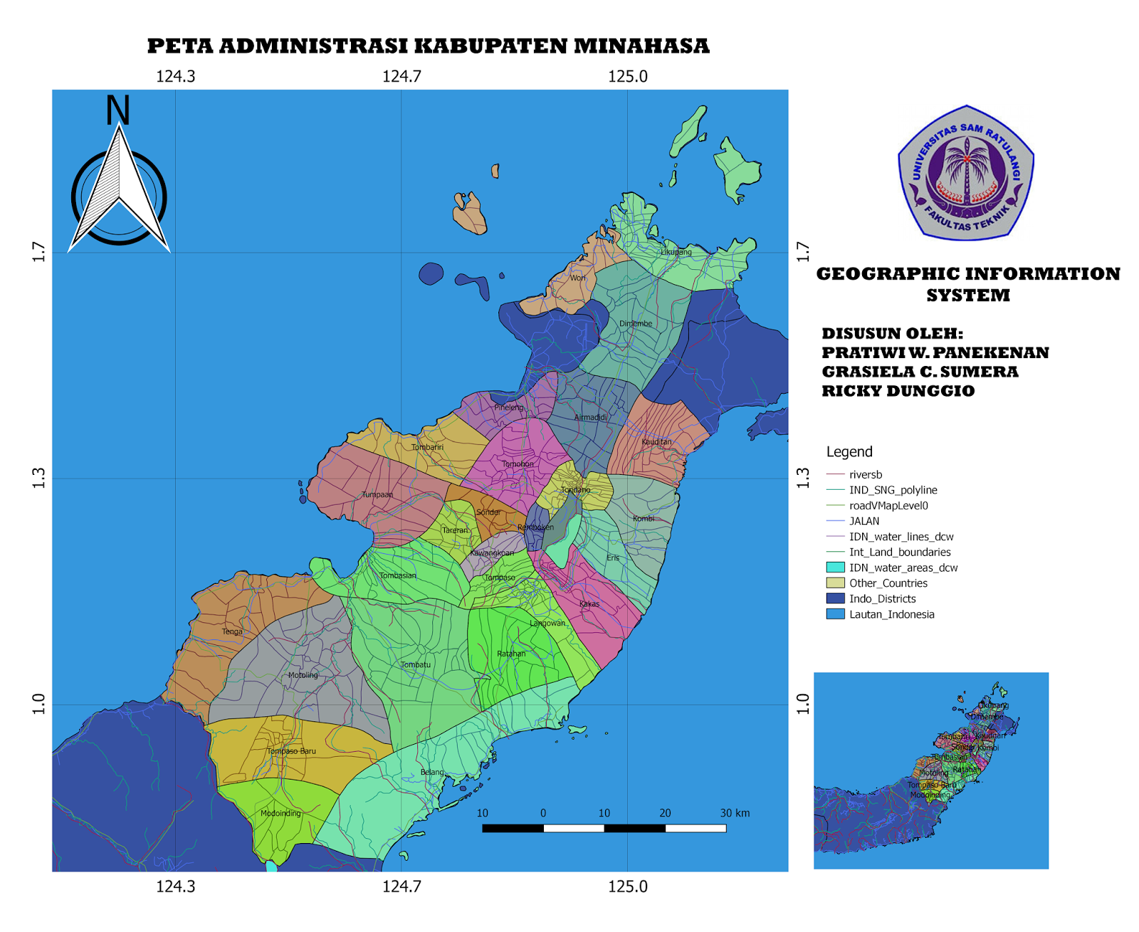 Berikut kami telah membuat peta administrasi kabupaten Minahasa dengan Quantum GIS Di dalam peta kami ini menunjukkan kabupaten Minahasa menurut beberapa