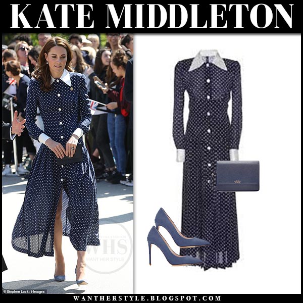 Kate Middleton in blue polka dot midi dress and blue suede pumps at ...