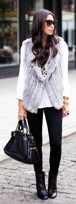 Street style grey fur, white blouse and black booties | Luvtolook ...