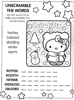 Hello Kitty Christmas coloring page and word scramble puzzle activity