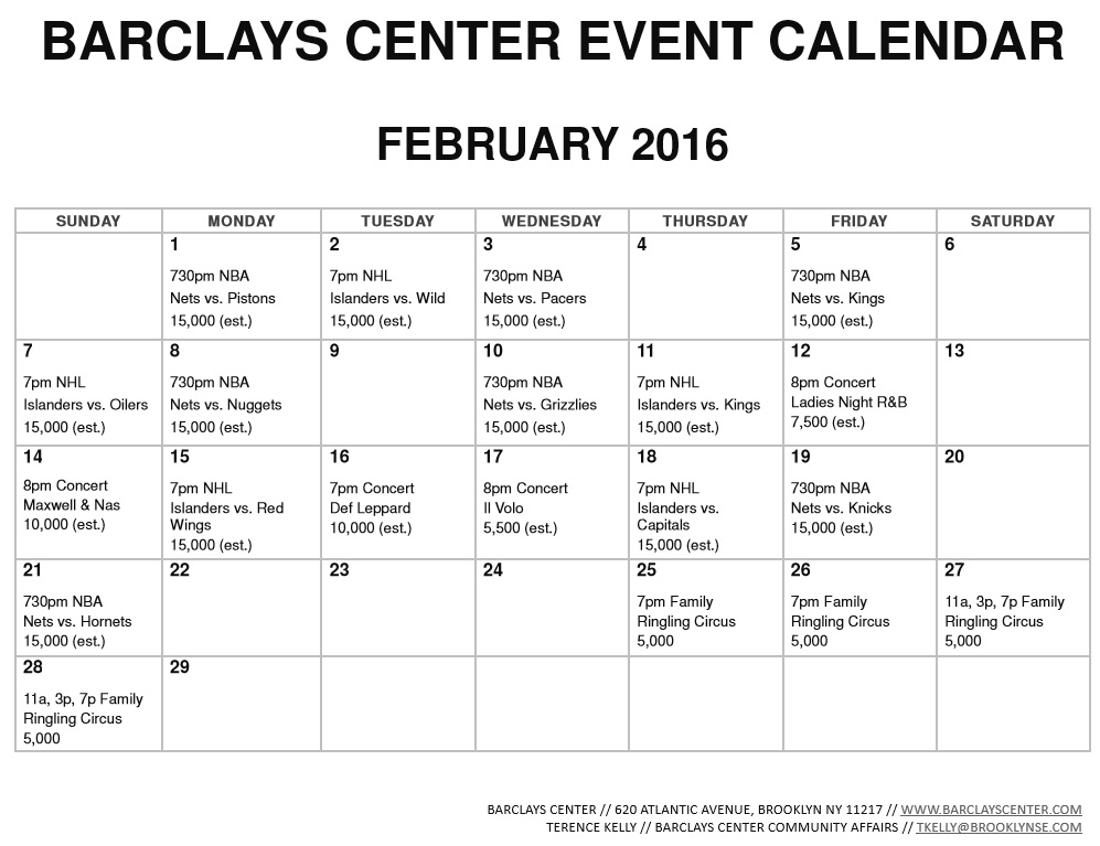 Barclays Center releases February 2016 calendar 25 events (yes