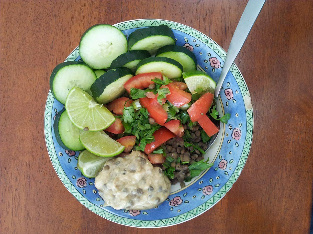Egyptian Inspired Lentil Soup with Cucumbers, Tomatoes and Hummus