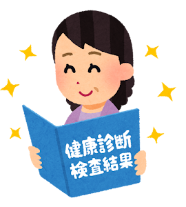健康診断の結果を見ている中年女性のイラスト(笑顔)