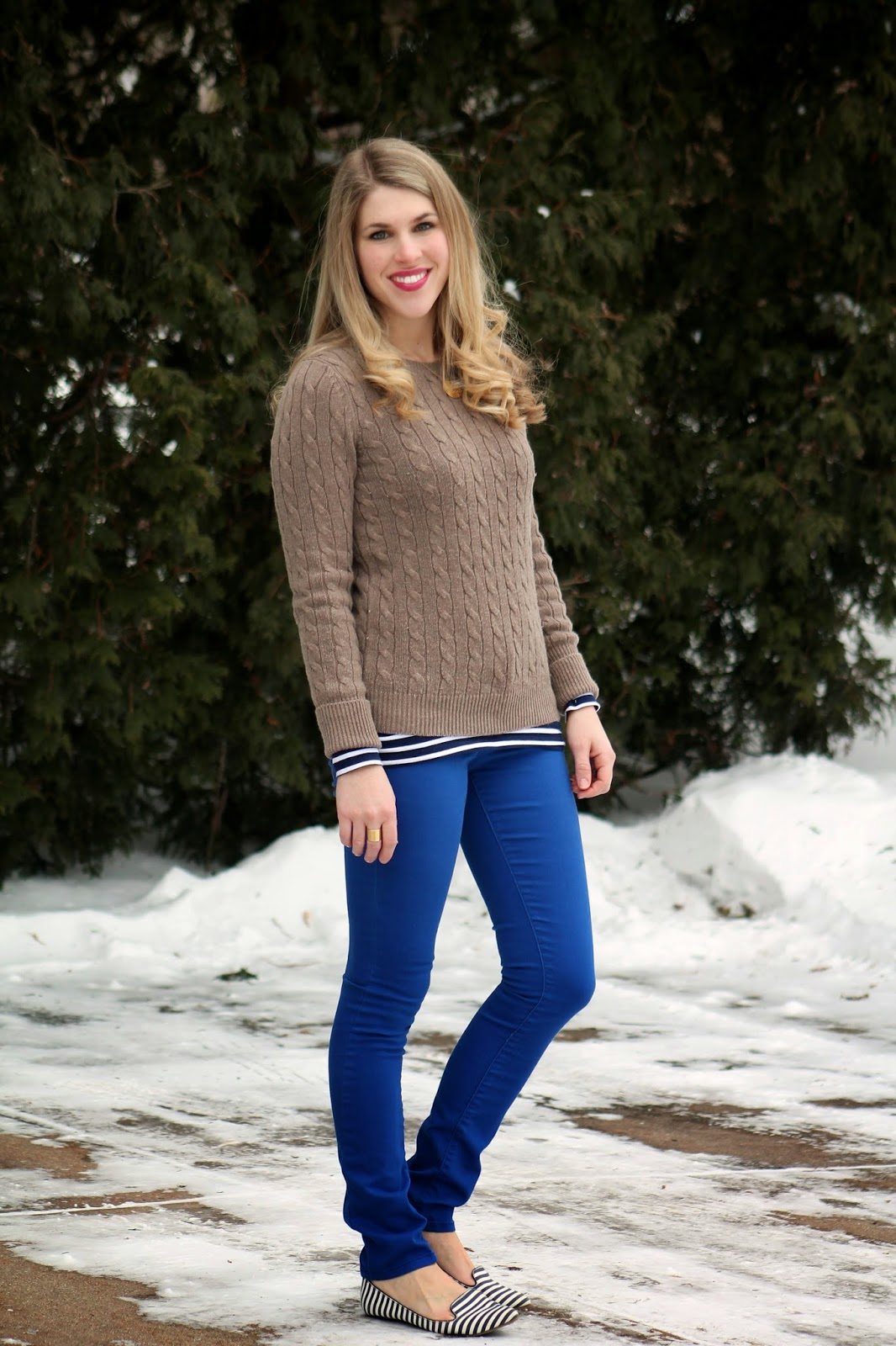 Camel Sweater and Cobalt Skinnies