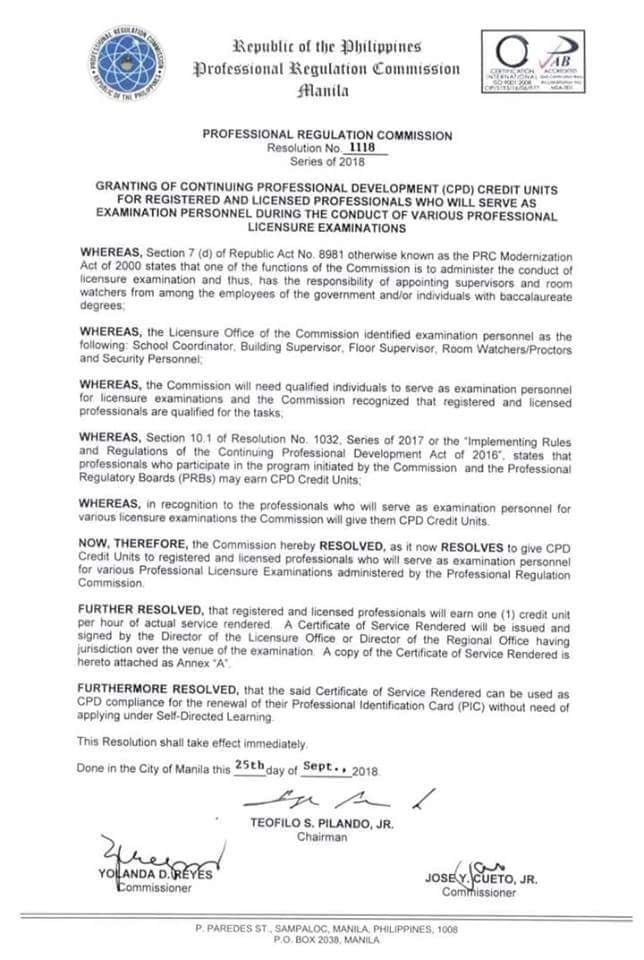 GOOD NEWS You can now earn CPD units by serving as exam personnel