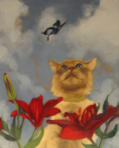 Diane Hoeptner Lily Patch Cat cat with eyes on butterfly a new painting