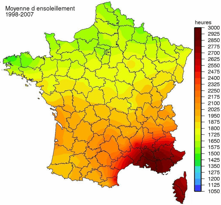 Average Sunshine in Hours per years in France from 1998 to 2007
