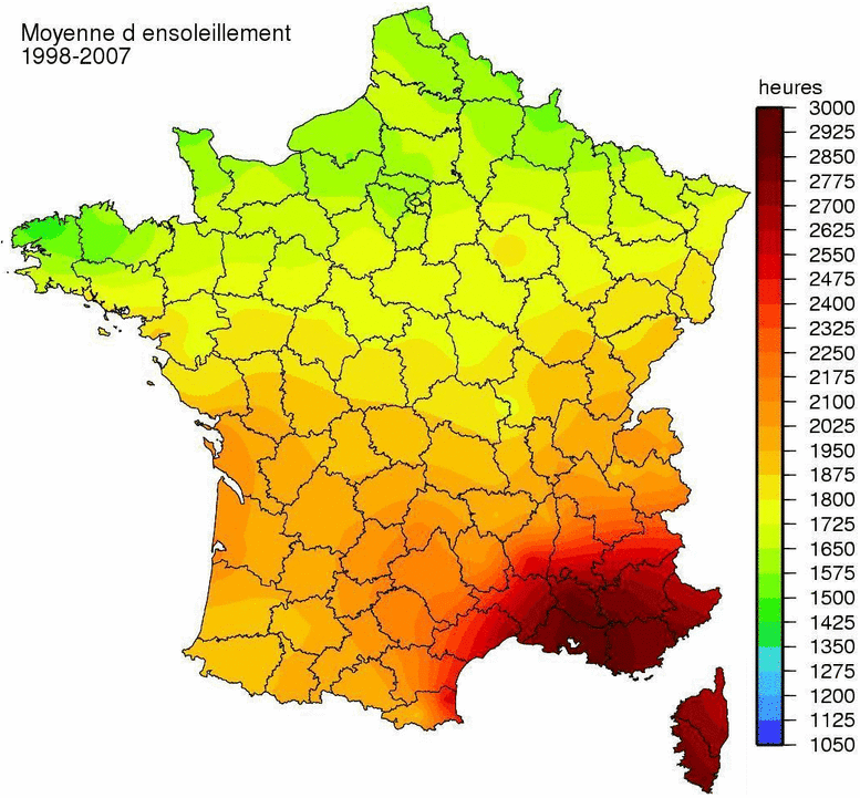 Sunshine in Hours per years in France