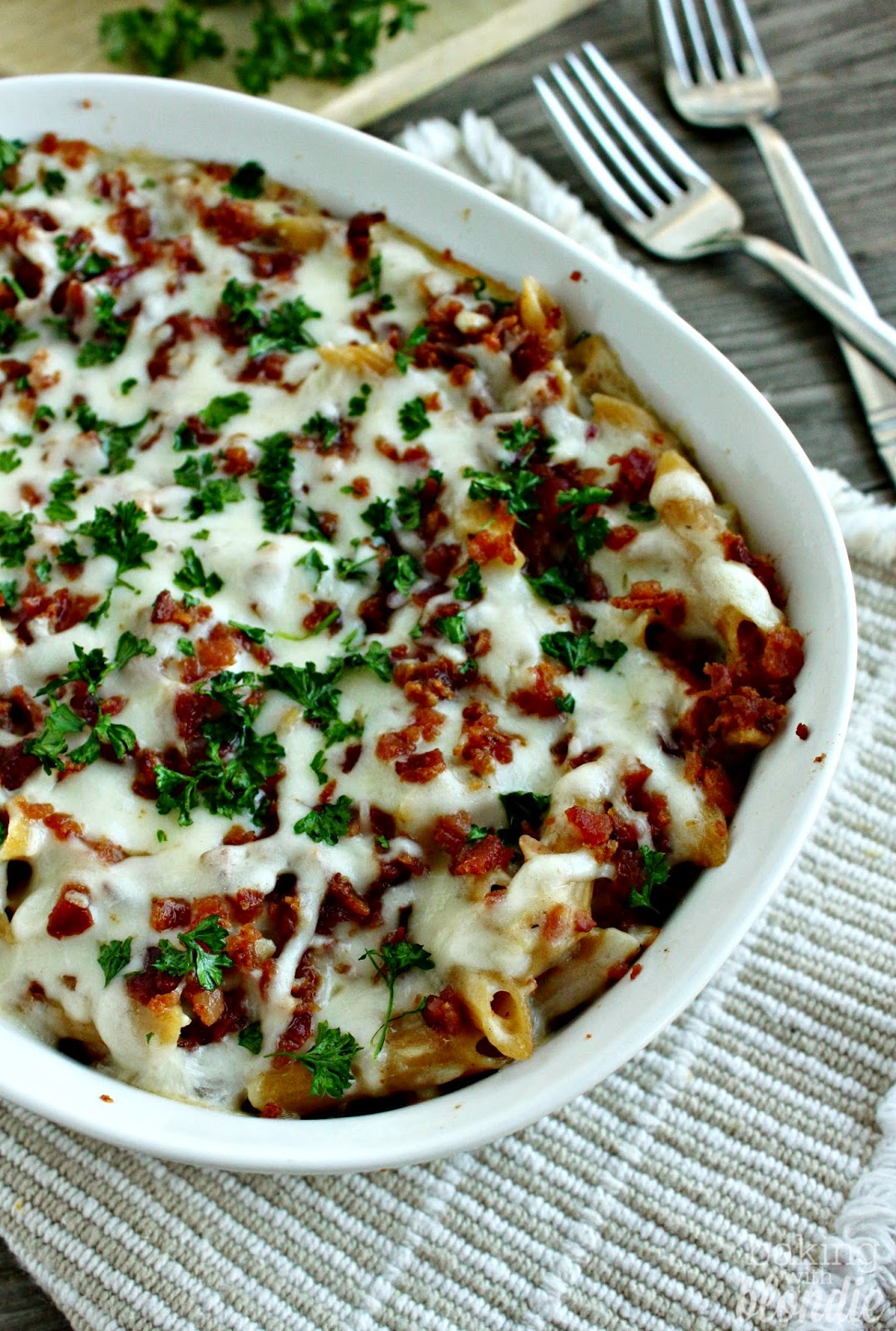 Bacon Alfredo Bake with Whole Grain Pasta