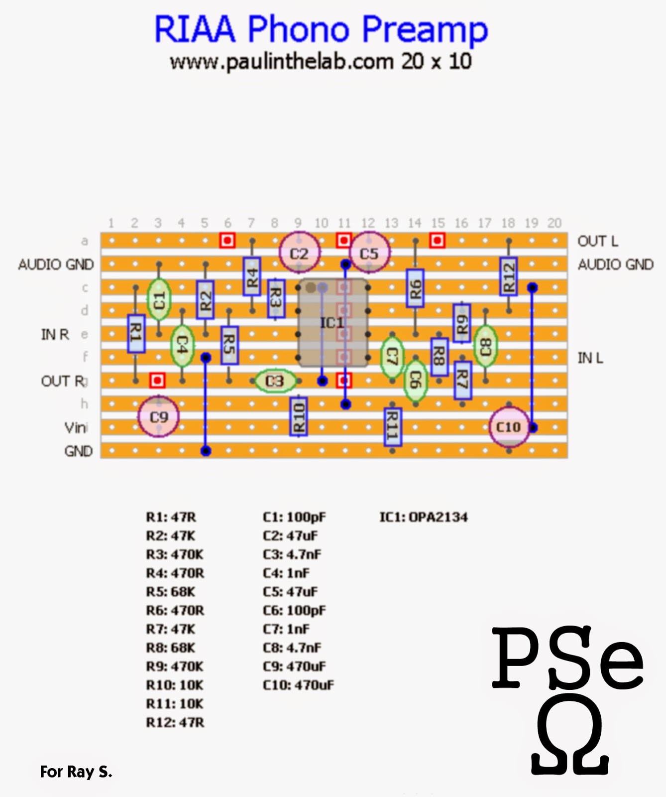 Paul In The Lab RIAA Phono Preamp Stripboard Layout