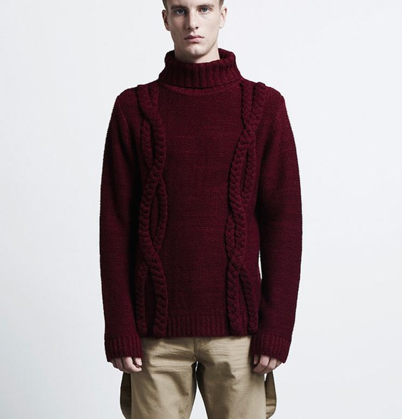 FASHIONDACCI: Red Cable Funnel Neck Jumper / Cableknit Sweater