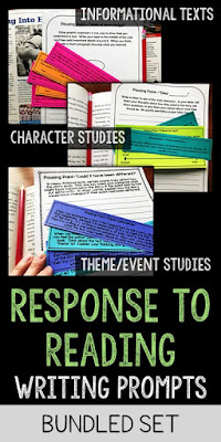 Reading and writing about diferent types of texts are key parts of most upper elementary literacy classrooms. Learning to summarize and write about deep thinking need to be modeled and taught. These prompts allow you to get students thinking and writing about characters, theme, events, and even nonfiction texts--whether it be from read alouds, picture books, independent reading, or book clubs. Full page or clippable for notebooks. Low ink and ready to use!