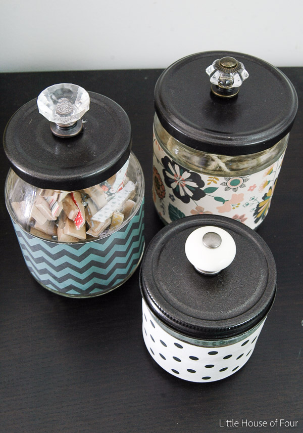 Turn ordinary recycled glass jars into the perfect stylish storage. ~ Littlehouseoffour.com