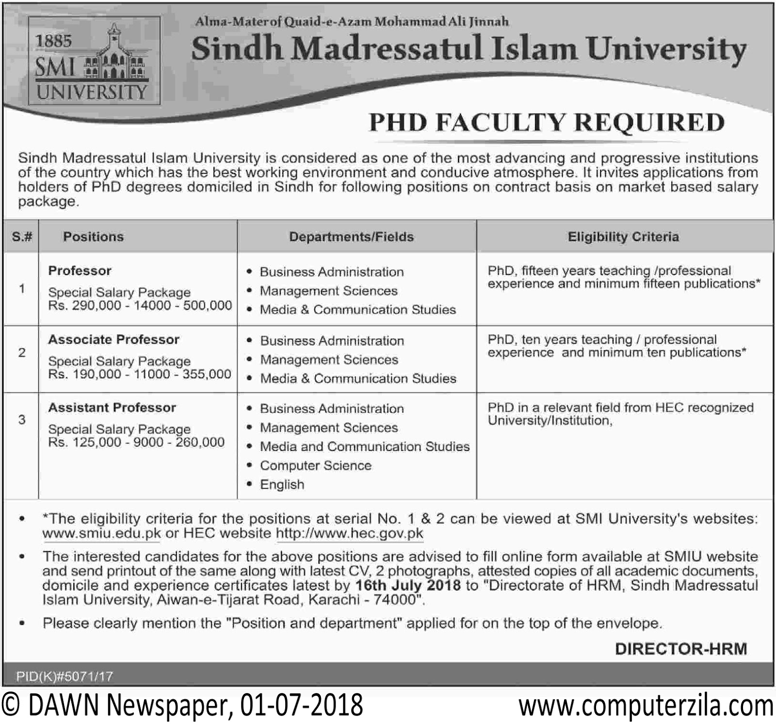 PHD Faculty Required at Sindh Madressatul Islam University
