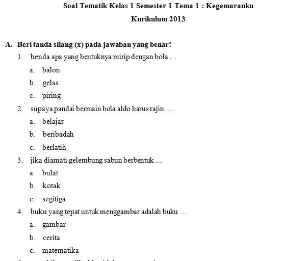 Download Kumpulan Soal SD Kelas 1 Tema 2 Kegemaranku