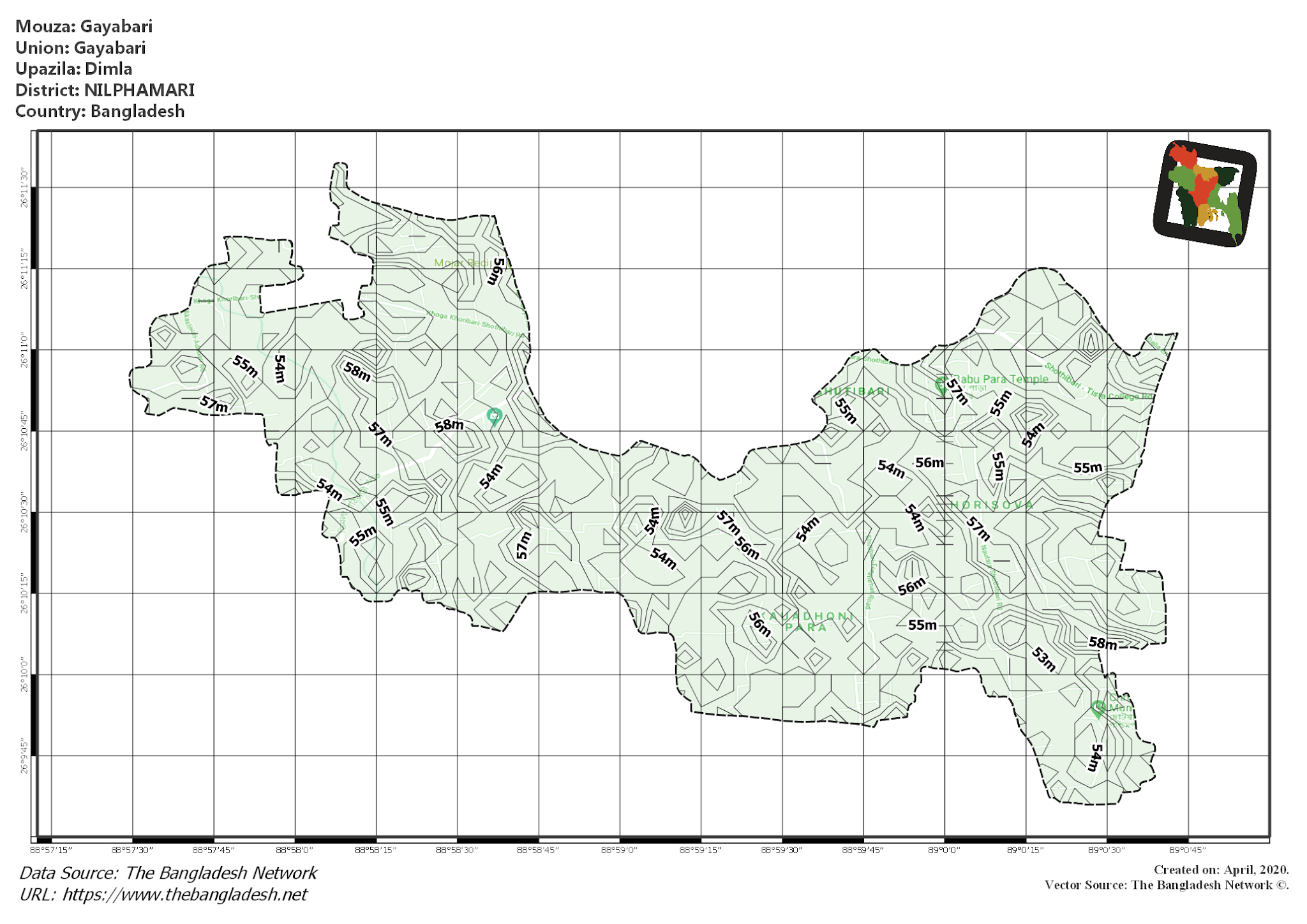 Map of Gayabari Mouza of Dimla Upazila, NILPHAMARI, Bangladesh.