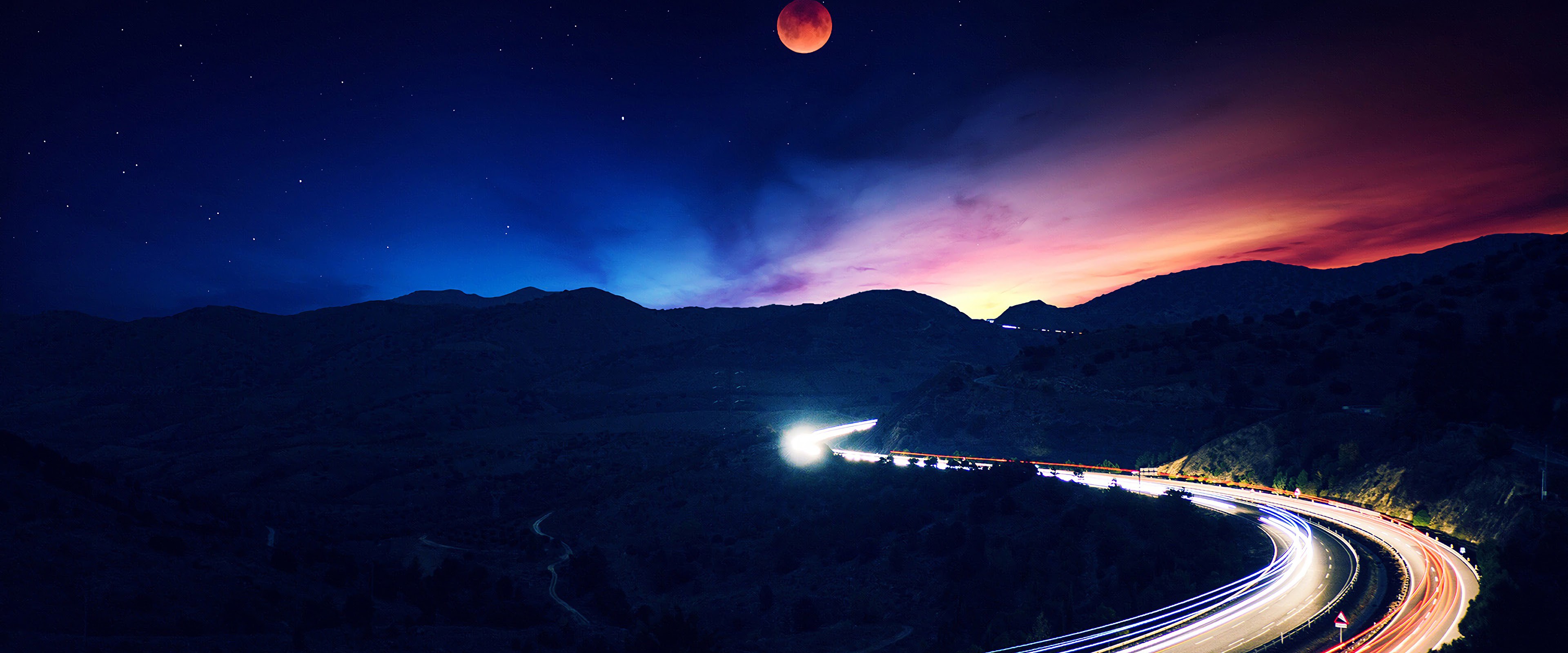 Night, Sky, Moon, Road, Time-Lapse, Landscape, Scenery, 4K, #160