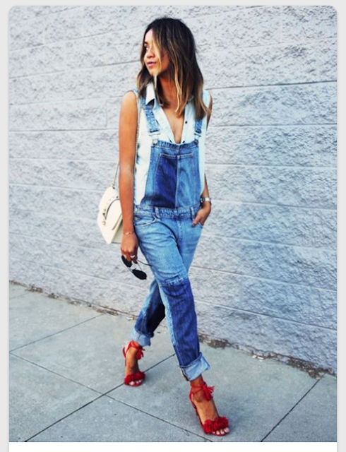 red fringe heels with overalls