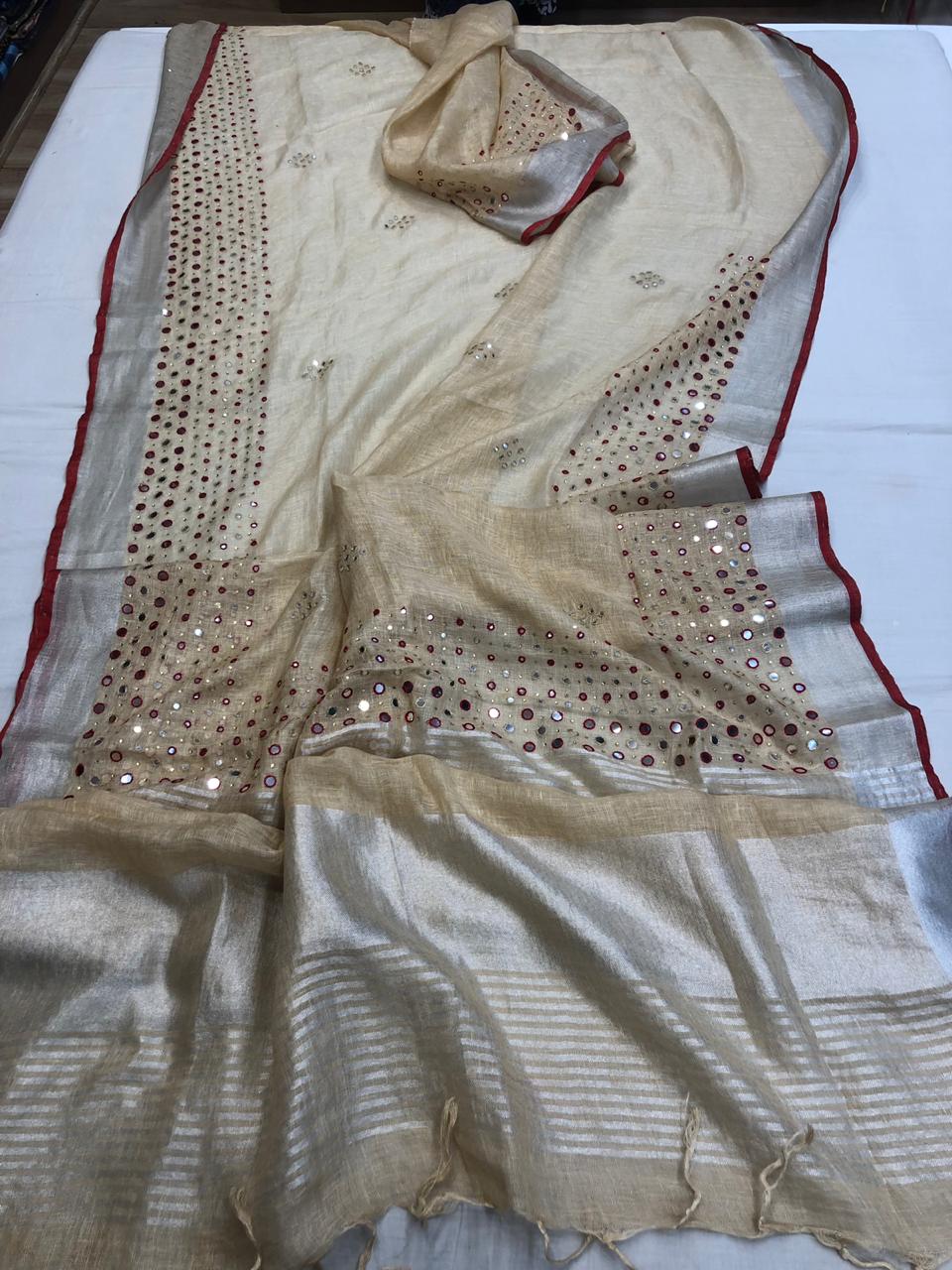 Designer Lenin Mirror Work Sarees