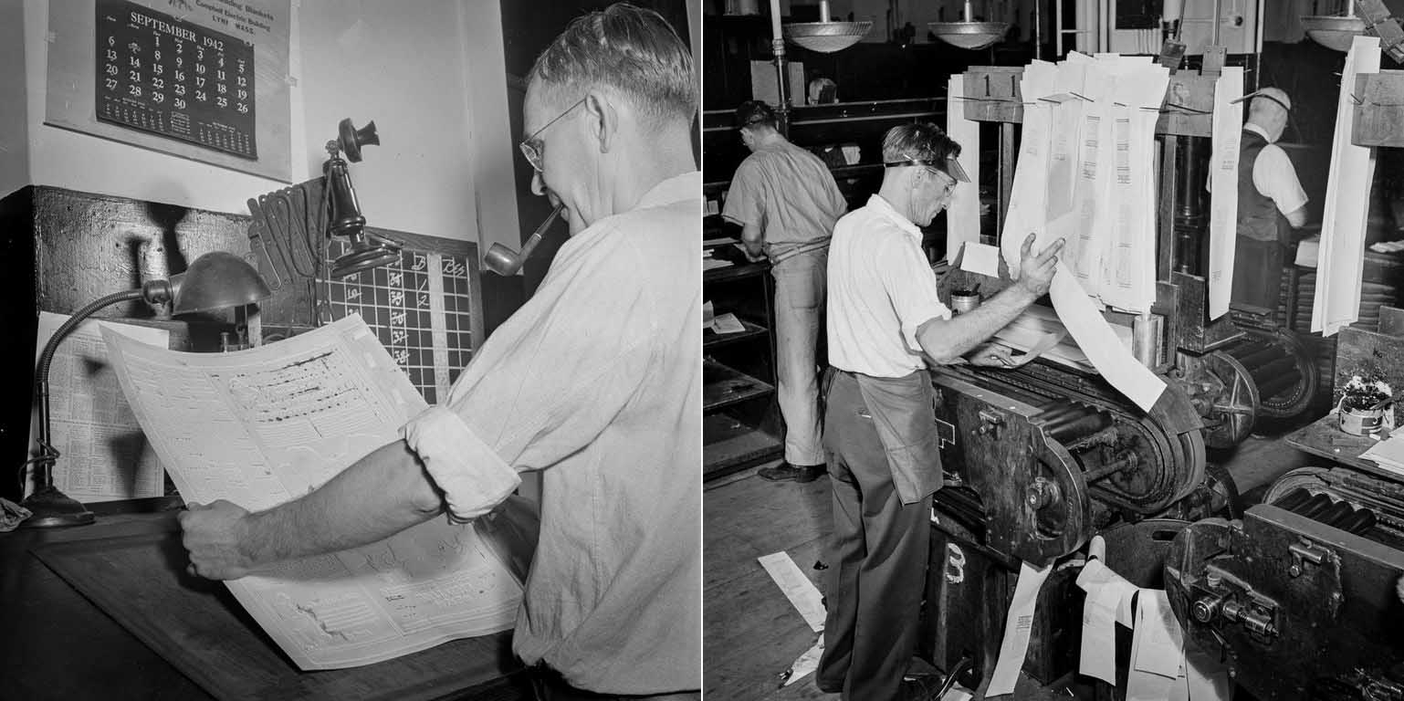 (Left) A mat is inspected for faults and blemishes. (Right) The proof press turns out proofs for distribution to make-up editors for correction.