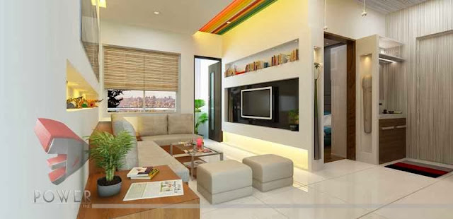 Off-white Apartment Interior design with rainbow color for ceiling.