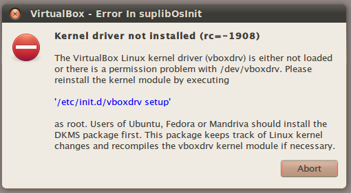 Virtualbox kernel driver not installed rc 1908