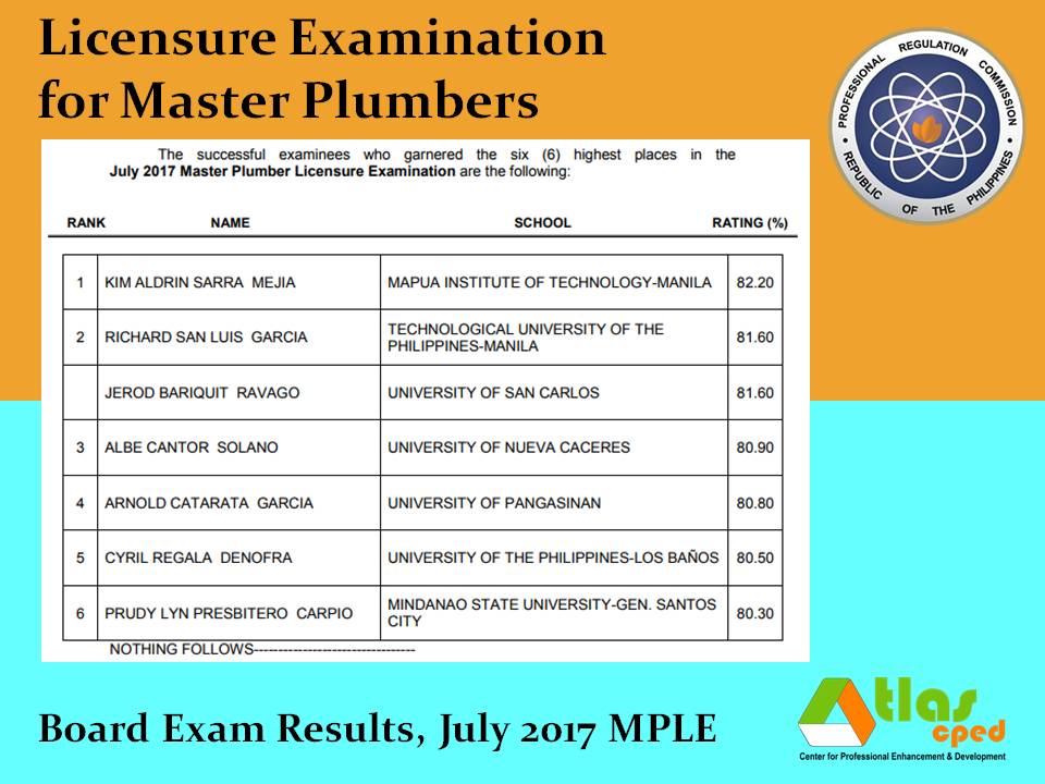 July 2017 Master Plumbers Board Exam Results ATLAS CDC Review Center